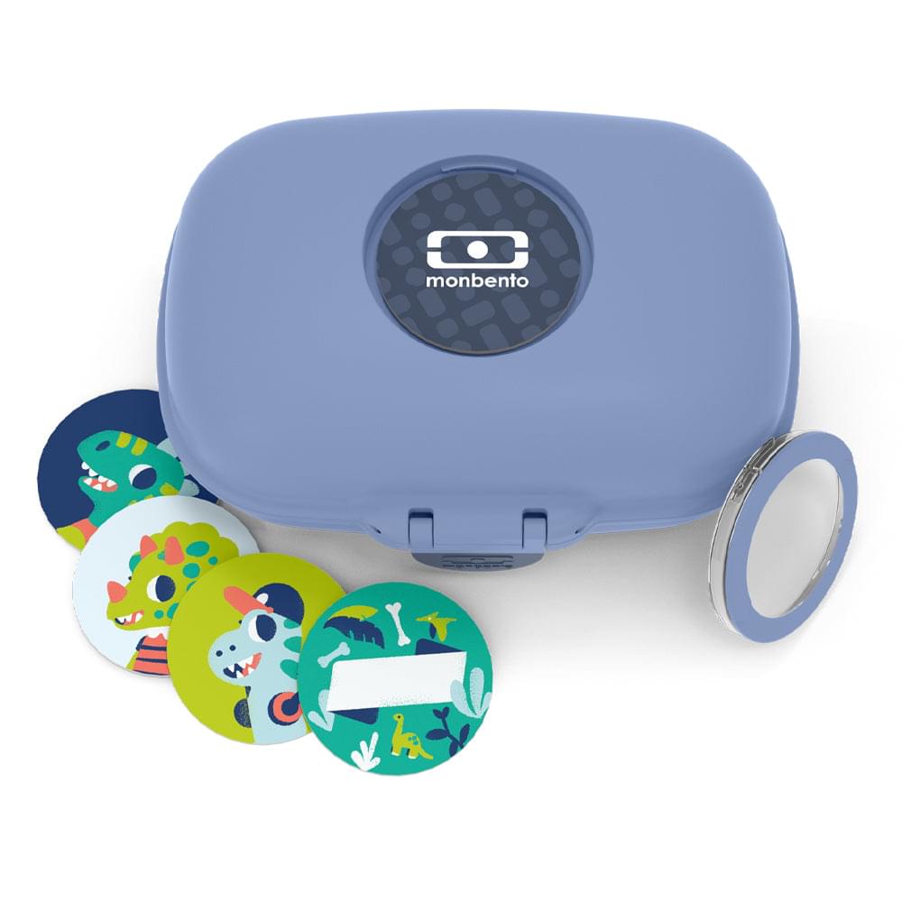 Blue kids snack box with circular logo badge, front latch, and carry ring