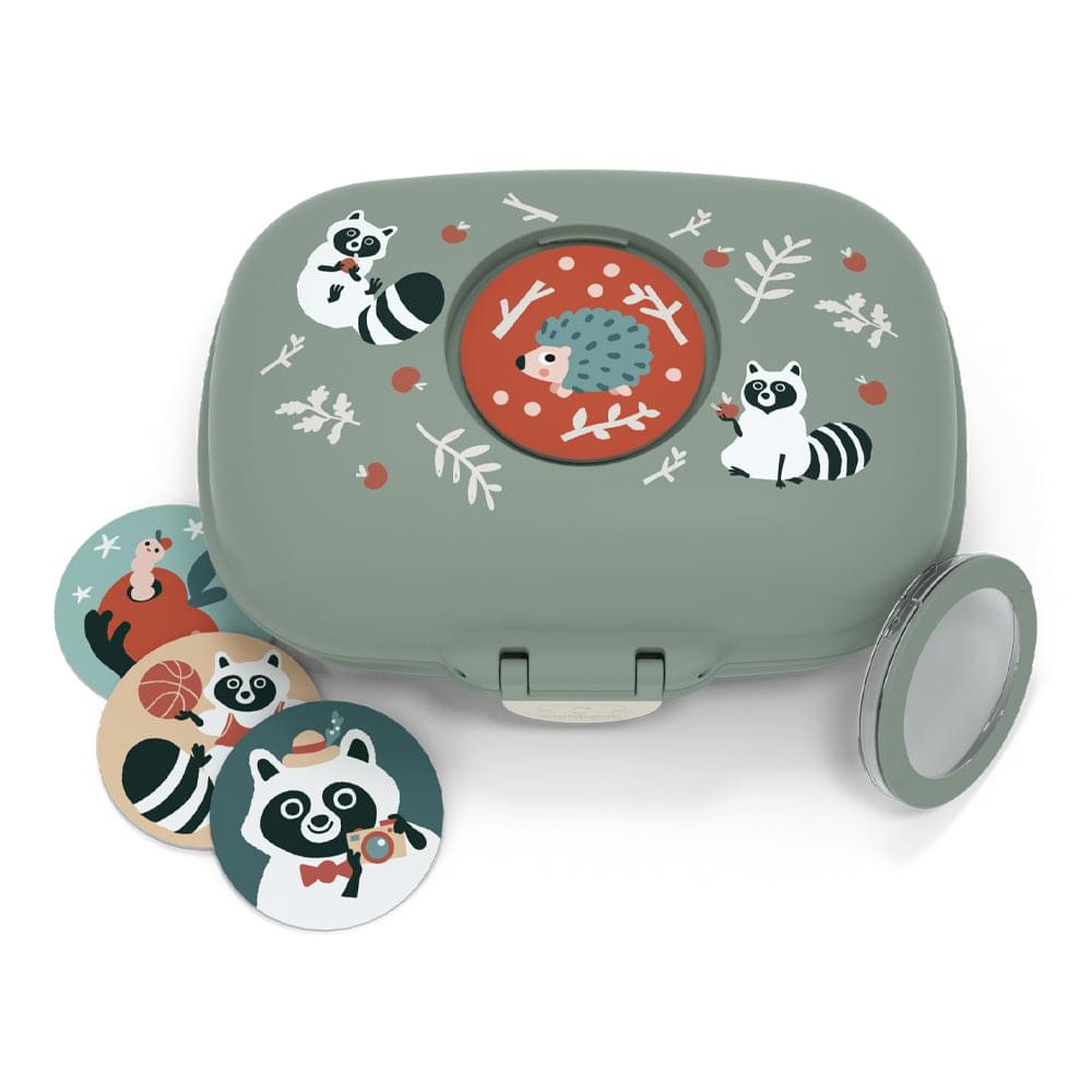 Light green kids snack box with animal print lid and round character stickers
