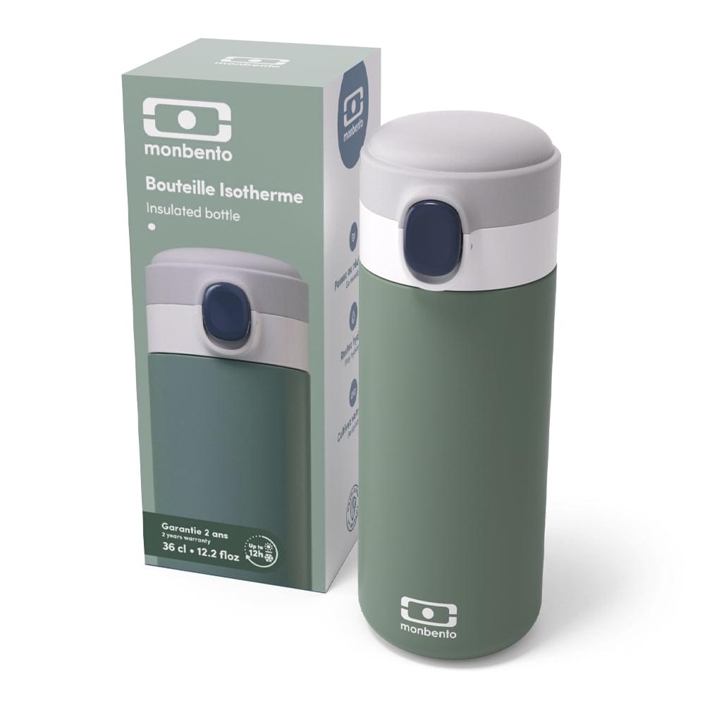 Green insulated bottle with white top and dark-blue button, shown with box packaging