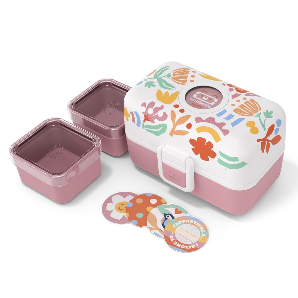 Kids bento box with floral white lid, pink base, and two nested storage containers