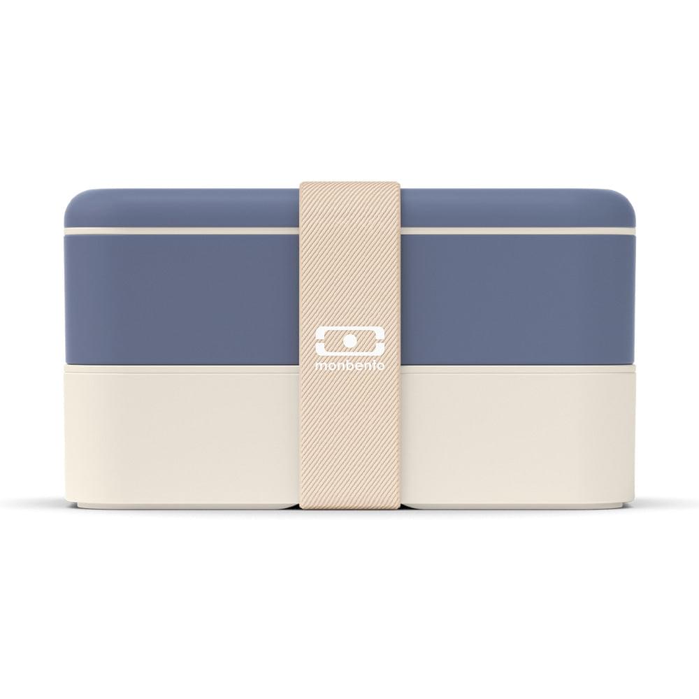 Blue-and-beige bento lunch box with beige carrying strap, closed front view