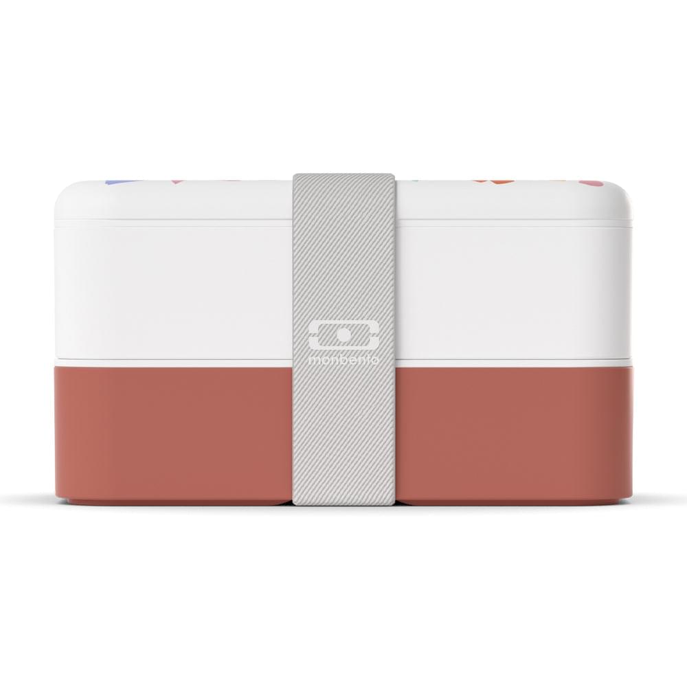 Lidded bento box with white top, terracotta bottom, and gray wraparound strap