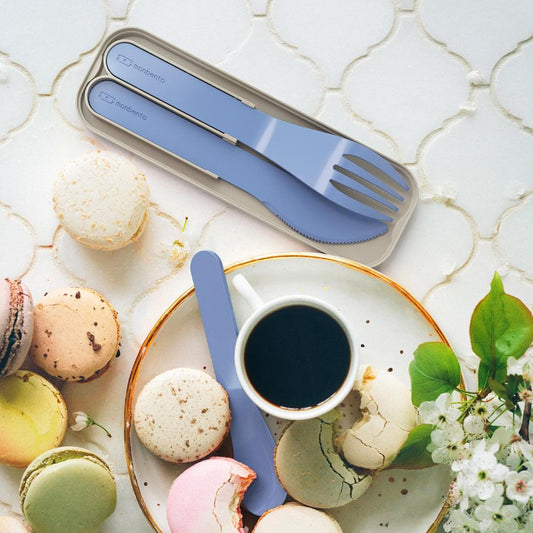 Blue plastic pocket cutlery set, utensils shown through clear case window