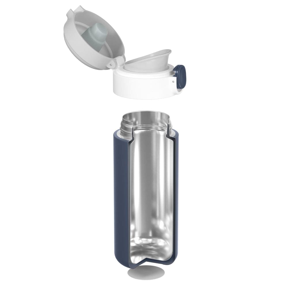 Monbento MB Pop insulated bottle, blue, with open lid showing stainless-steel interior