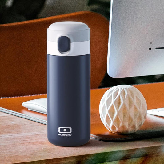 Monbento MB Pop insulated bottle, blue with closed flip-top and side carry tab