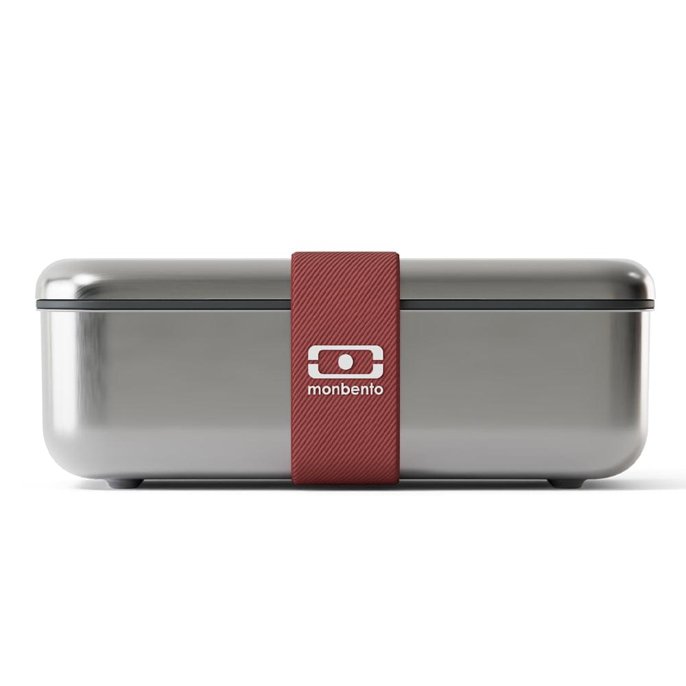 Stainless bento lunch box with burgundy strap and logo, closed lid