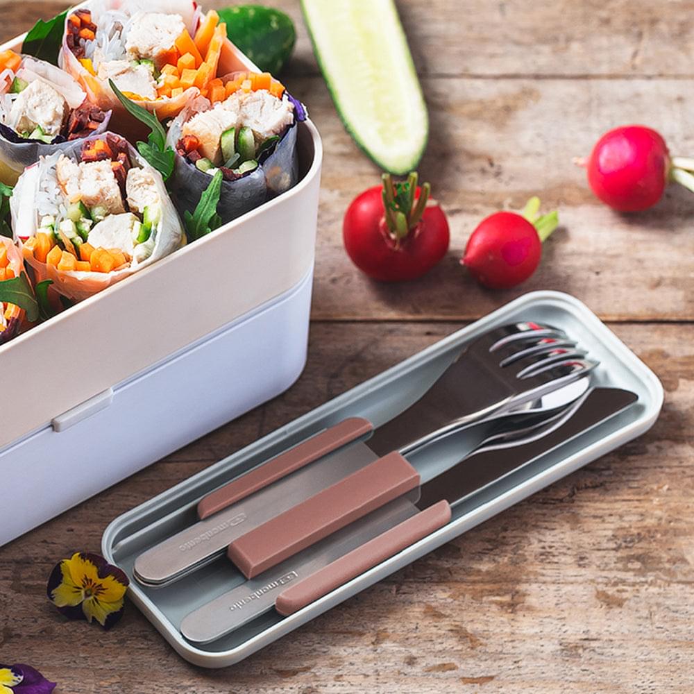 Monbento trio knife set in slim case, rose moka handles with stainless blades