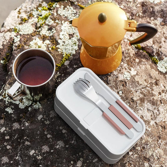 Monbento trio knife set in slim case, rose moka grip, three stainless blades