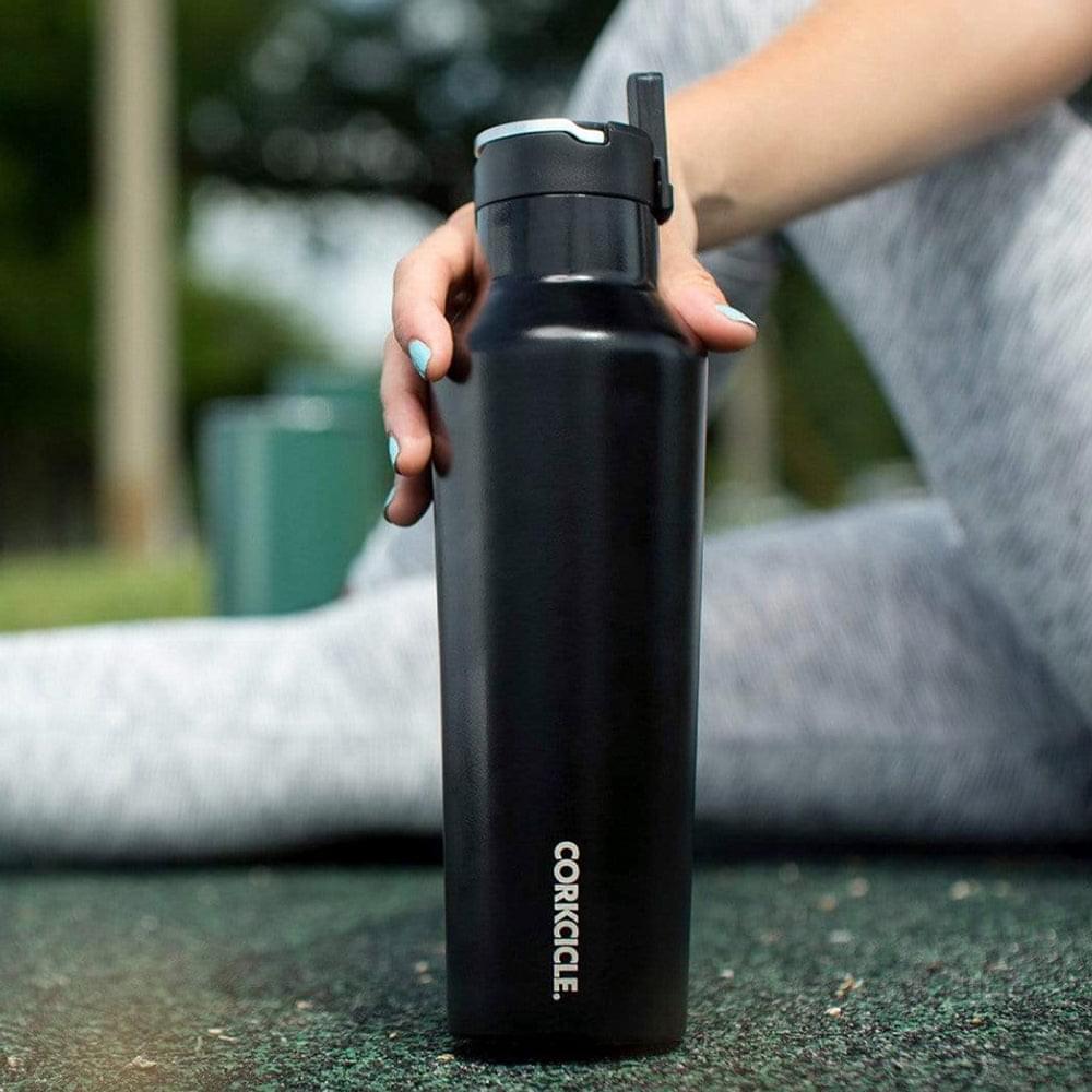 Gloss white 600ml sport canteen with black lid, side carry handle and Corkcicle logo