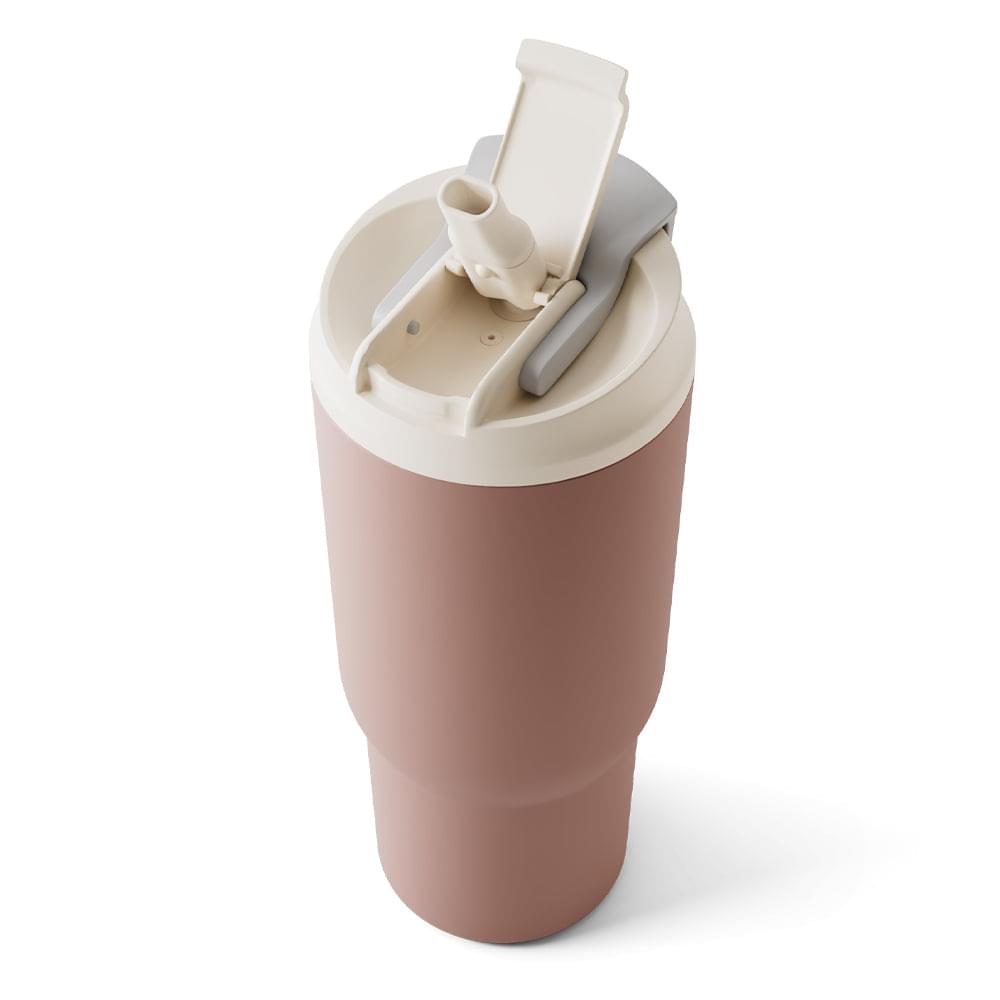 Monbento rose moka pink travel mug with white lid open, showing drinking spout