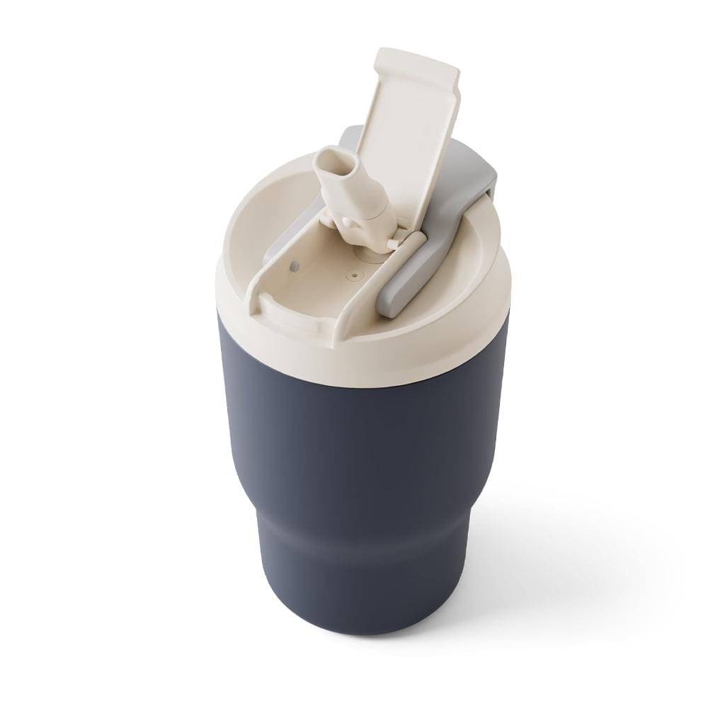 Blue travel mug with open lid and flip top spout
