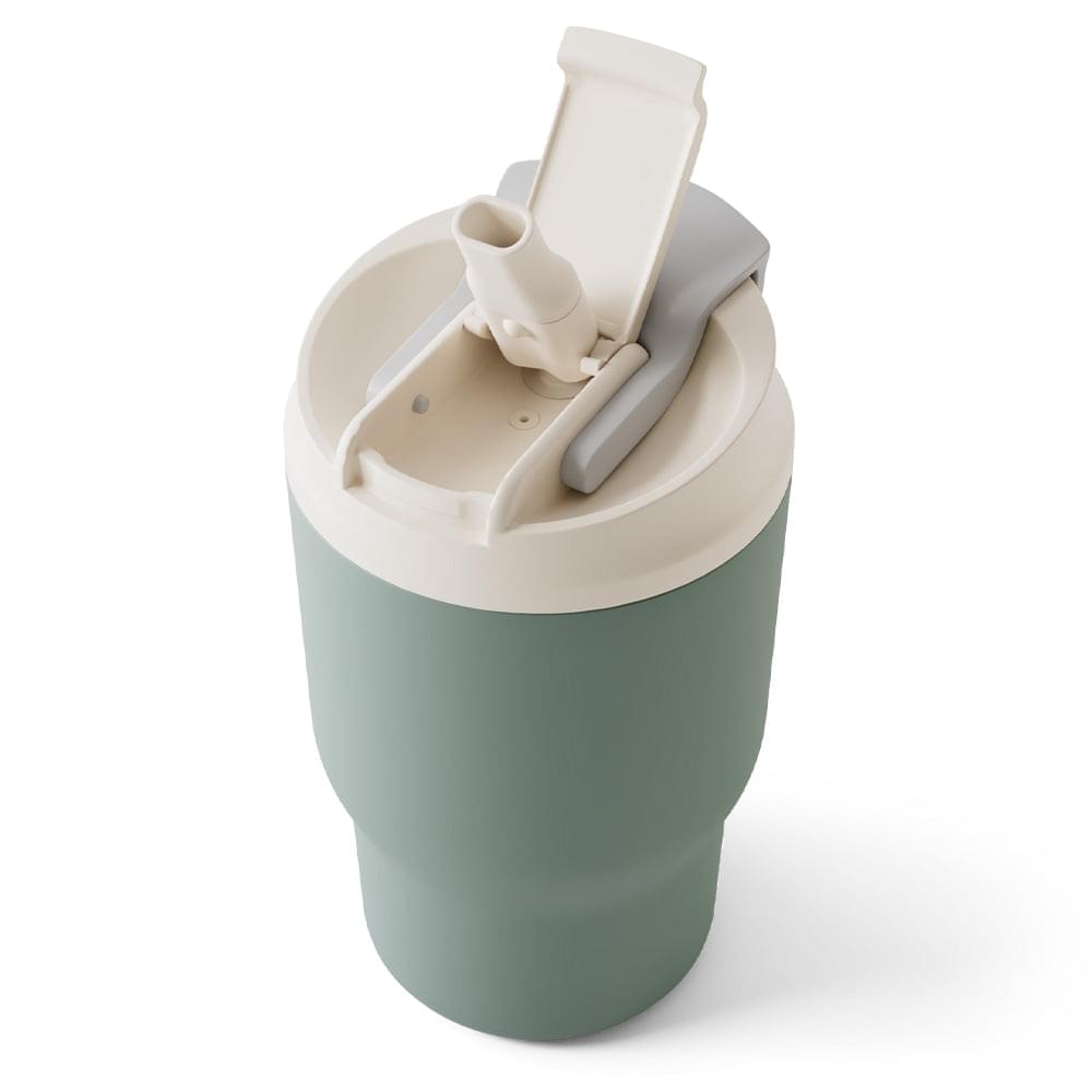 Monbento S travel mug in green, open white lid with drinking spout