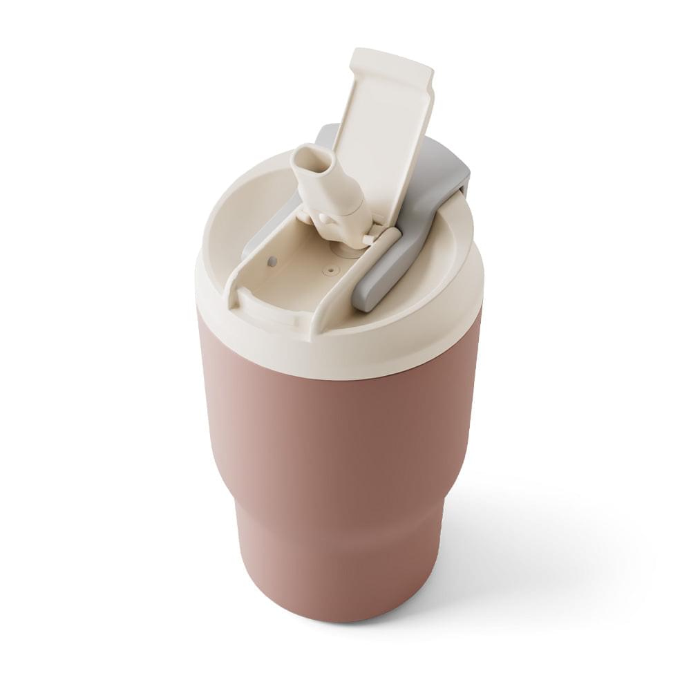Insulated travel mug rose moka with open lid, white interior and integrated hinge