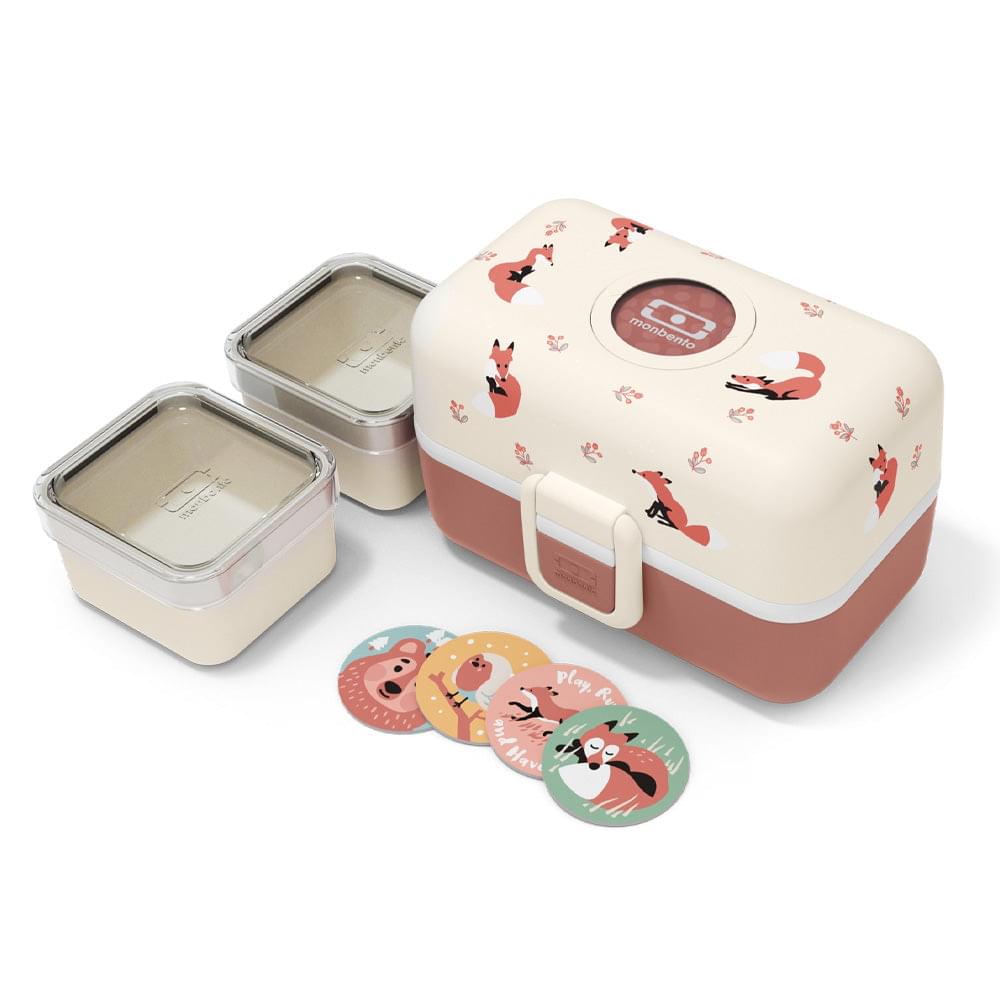Kids bento box with fox print lid, open with two clear containers and sticker discs
