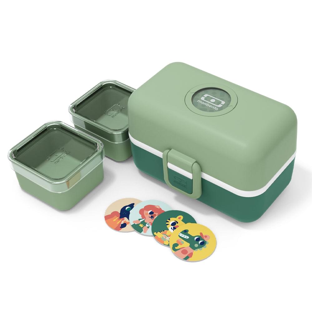 Green kids bento lunch box with two small lidded containers and sticker set.