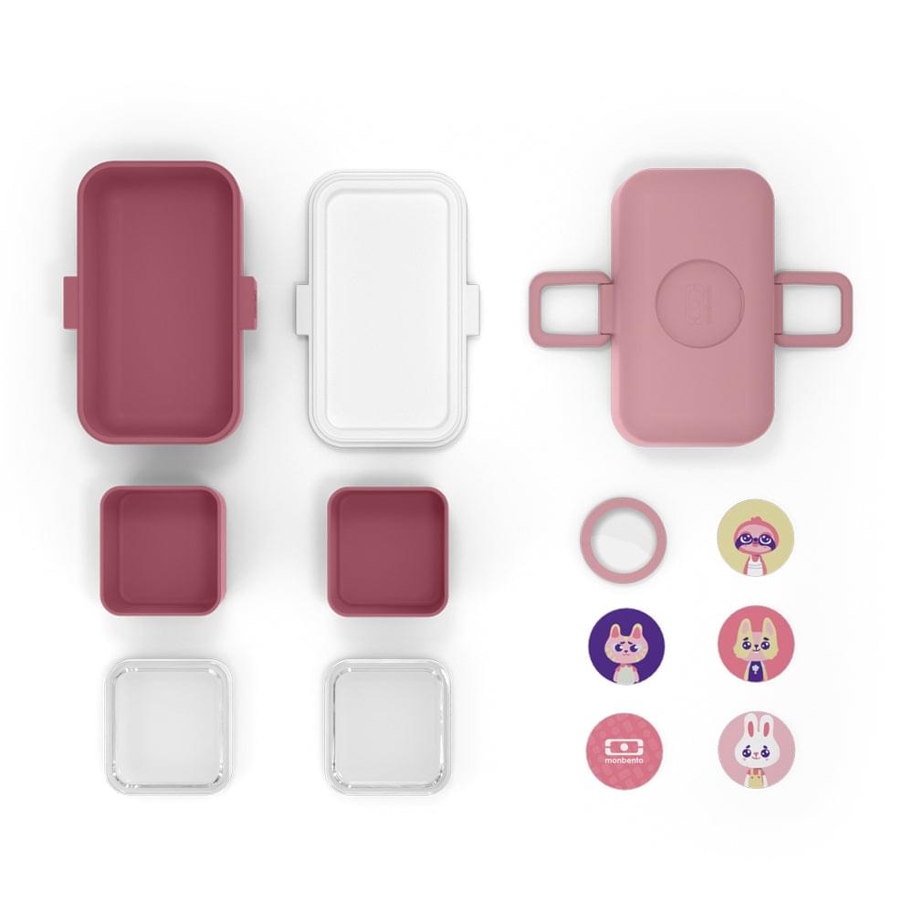 Monbento Tresor kids bento box set, showing lid and base pieces in pink blush and white