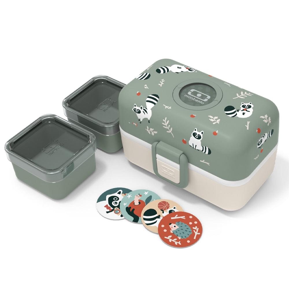 Kids bento box by Monbento with mint raccoon lid and two clear-lidded compartments