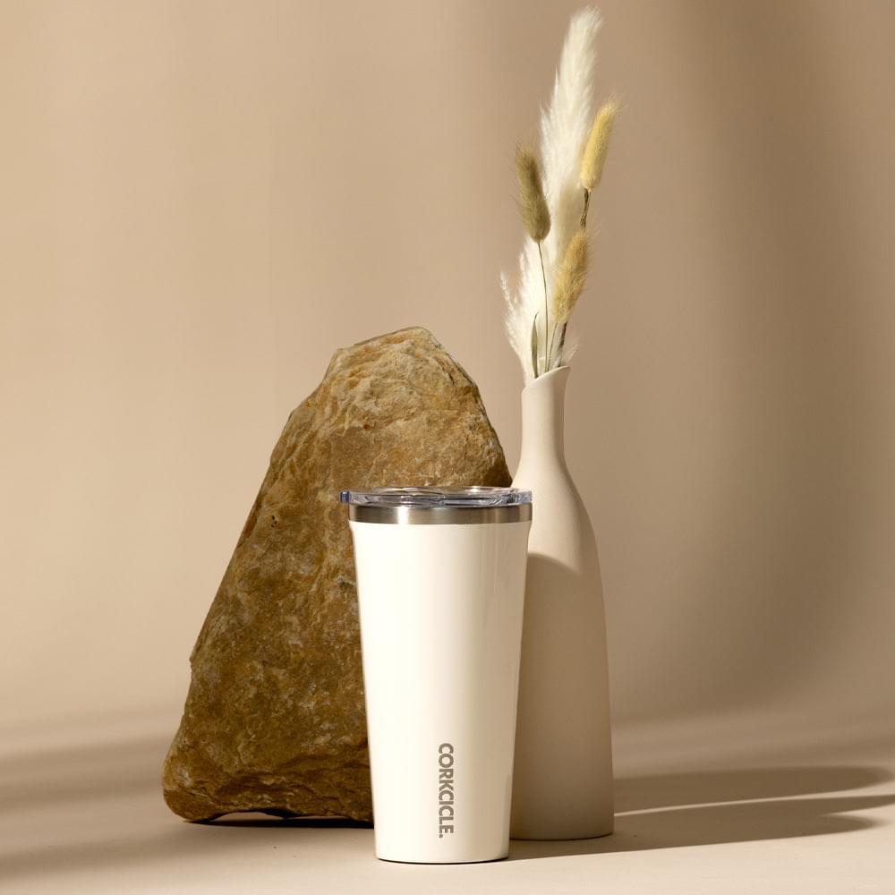 Gloss white insulated tumbler with stainless rim, embossed Corkcicle logo