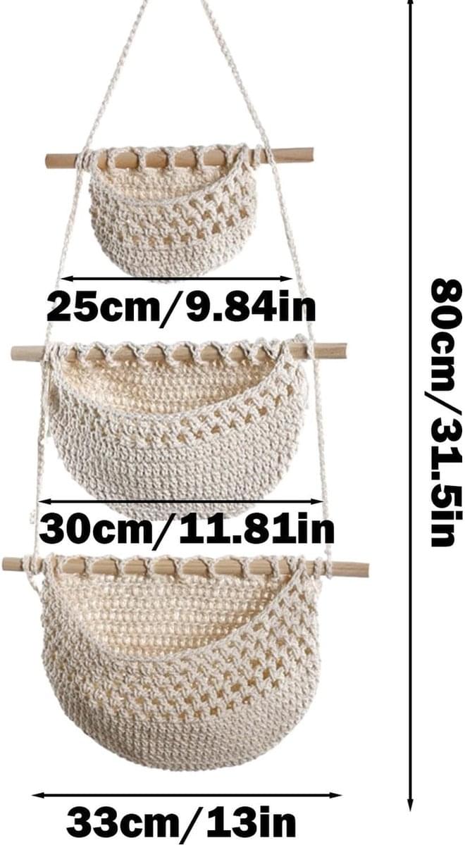 Three-basket linen hanging organizer with wooden bars, labeled 25cm 30cm and 90cm