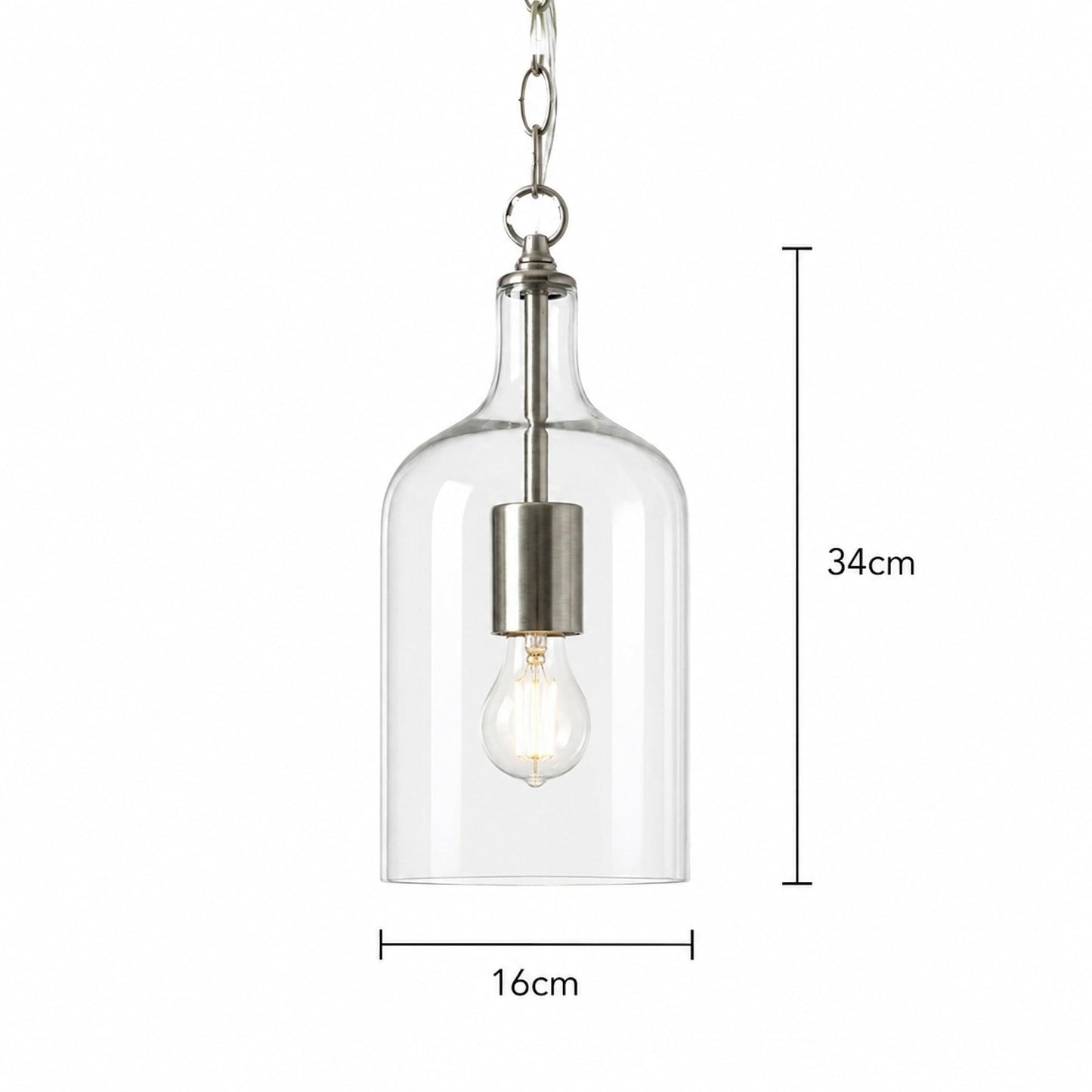 Nickel glass pendant light with clear bell shade; 16cm wide, 34cm high
