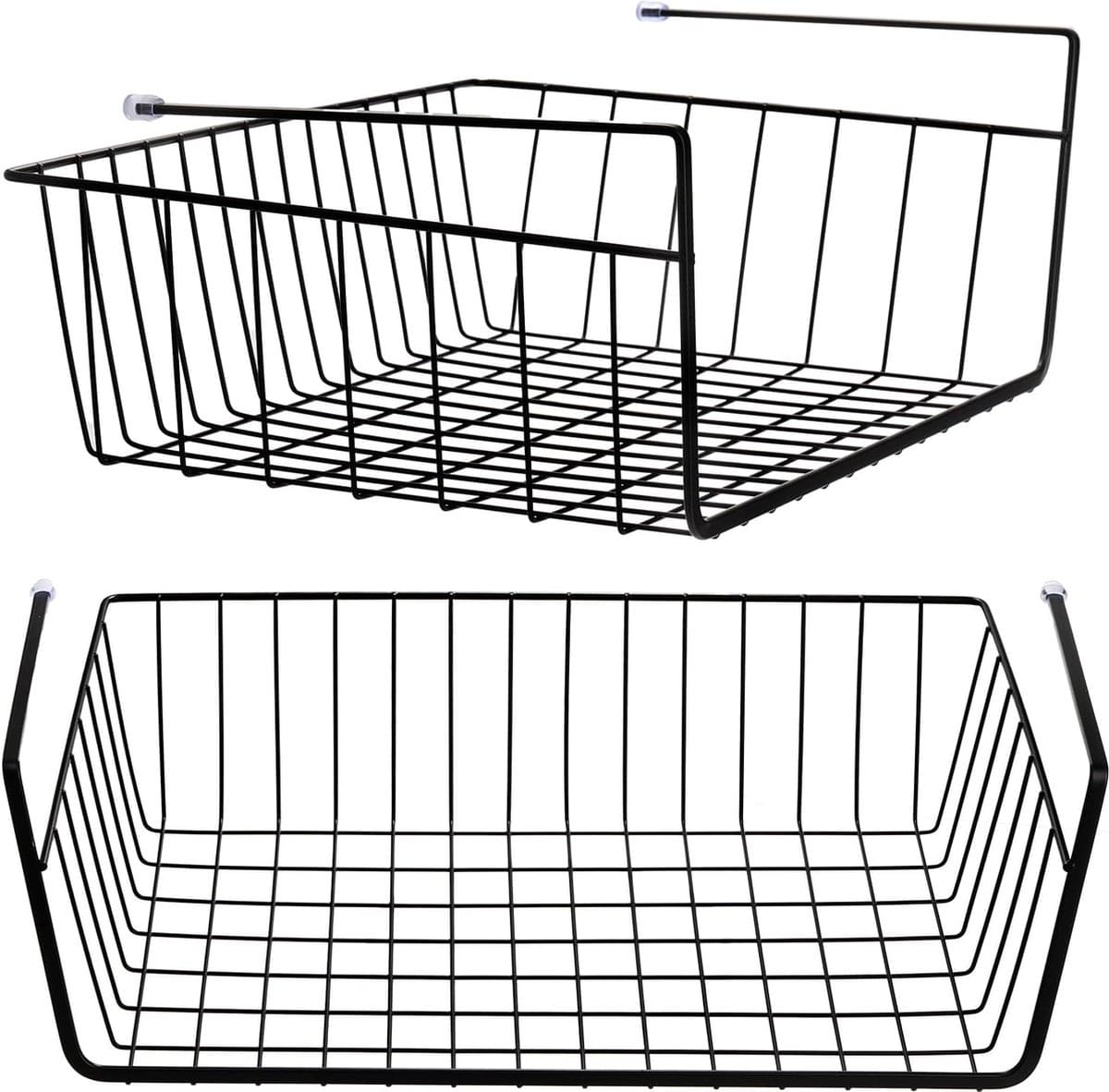 Black wire hanging storage basket set with rectangular frames, open grid shelves, and end supports
