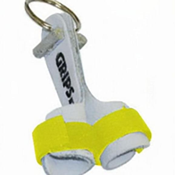 Gymnastics grips key ring with yellow fabric strap and metal loop