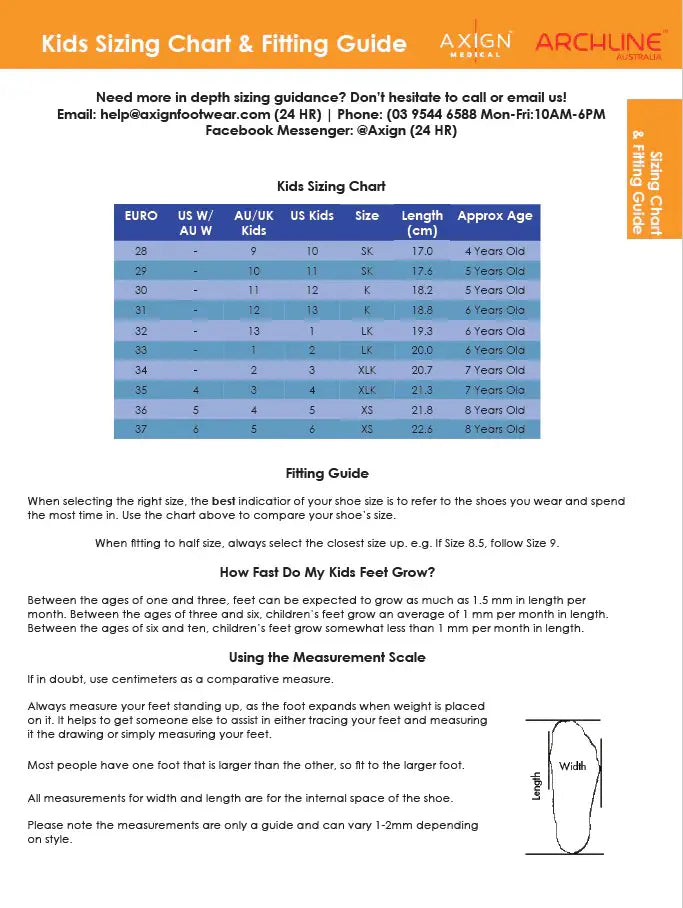 Kids sizing chart and fitting guide for Archline flip-flops, euro to age