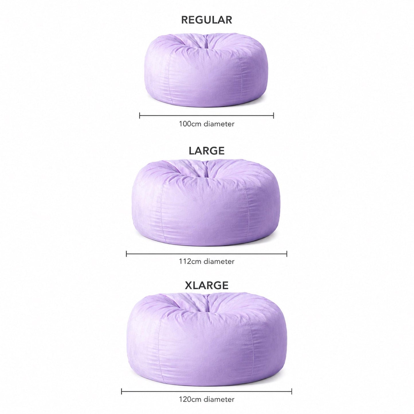 Lilac bean bag size chart: regular 100cm, large 112cm, extra-large 120cm.