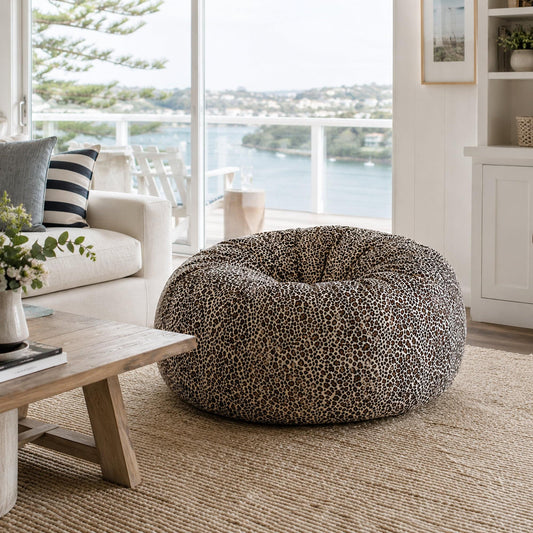 Leopard print faux-fur bean bag lounge seat, round oval shape