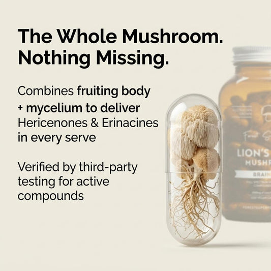 Lions Mane mushroom supplement bottle with clear vial of dried mushroom pieces