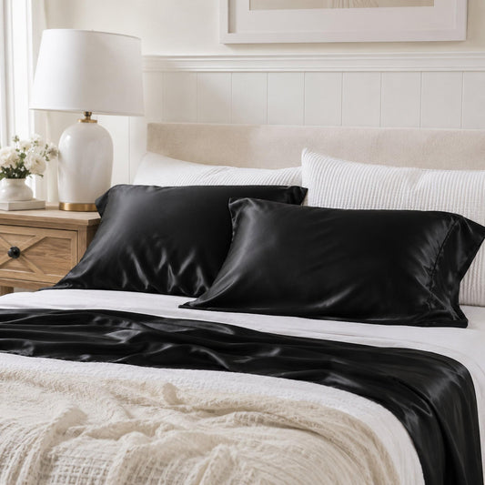 Set of black silky bamboo pillowcases on pillows, smooth satin finish