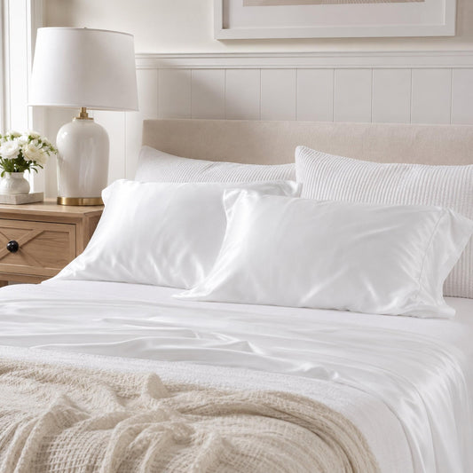 White bamboo pillowcases on bed, smooth fabric with envelope closures