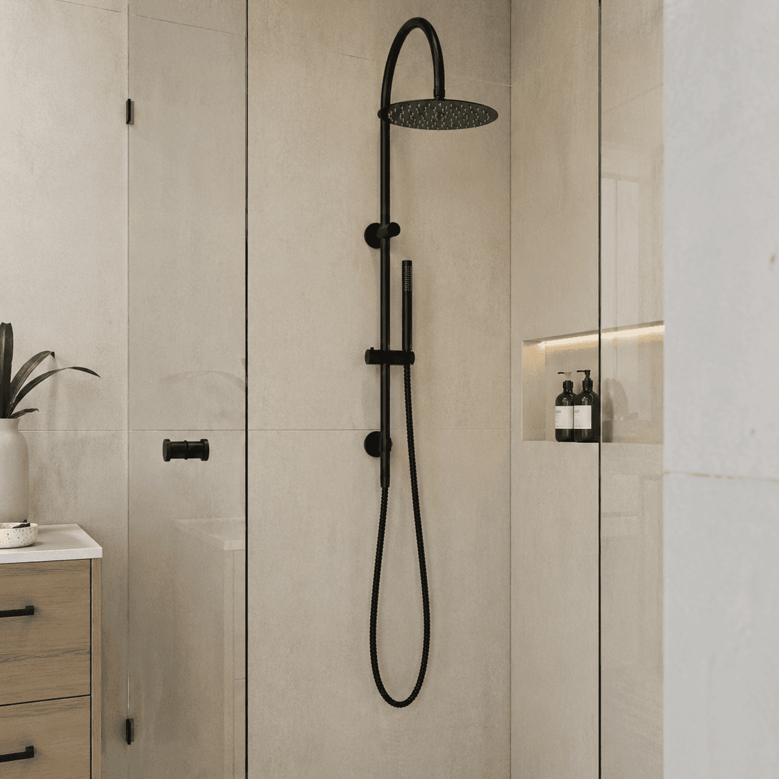 Matt black shower set with rain head, handheld sprayer, and wall-mounted hose