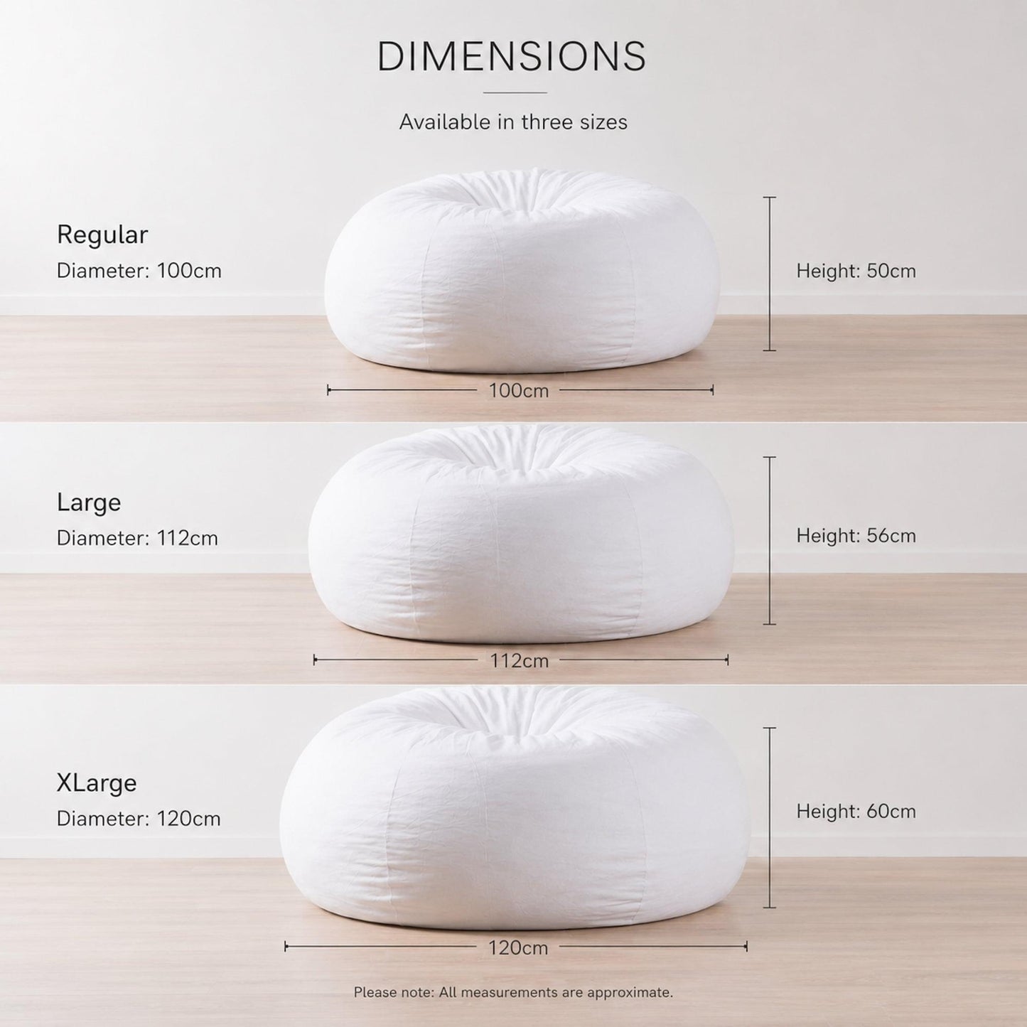 White bean bag liner size chart for regular, large, and XLarge options