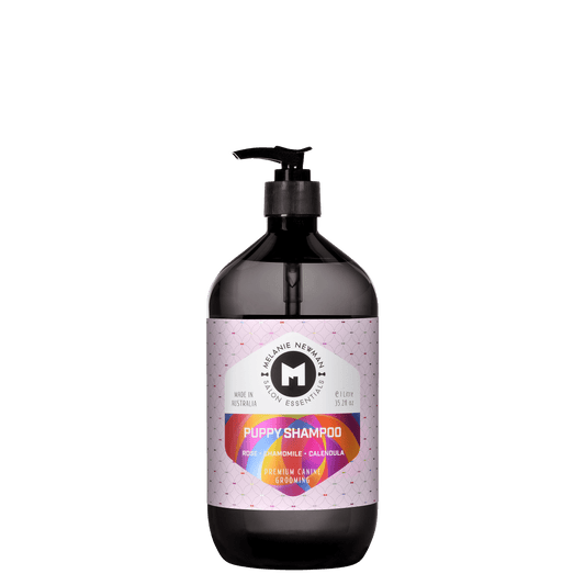 Melanie Newman puppy shampoo bottle, black pump, rose chamomile and calendula