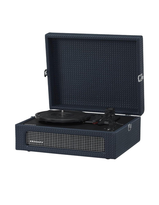 Navy Bluetooth portable turntable with lid open, platter and tonearm visible
