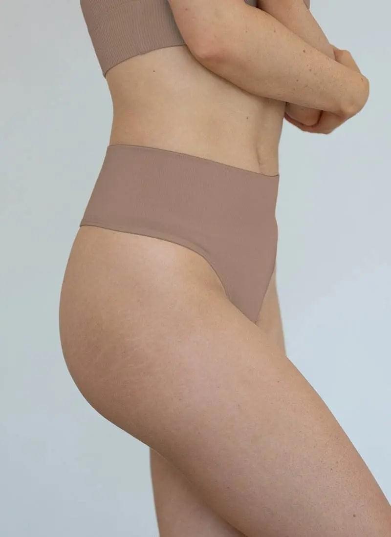Chestnut high-rise lingerie briefs, side view with smooth seams