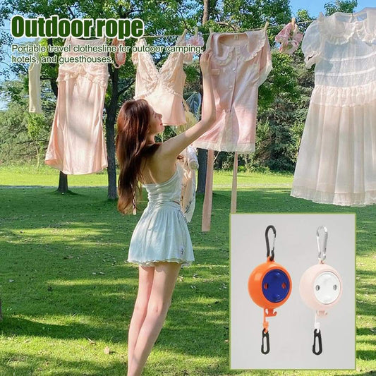 Portable retractable clothesline holding hanging garments with two reels and hooks