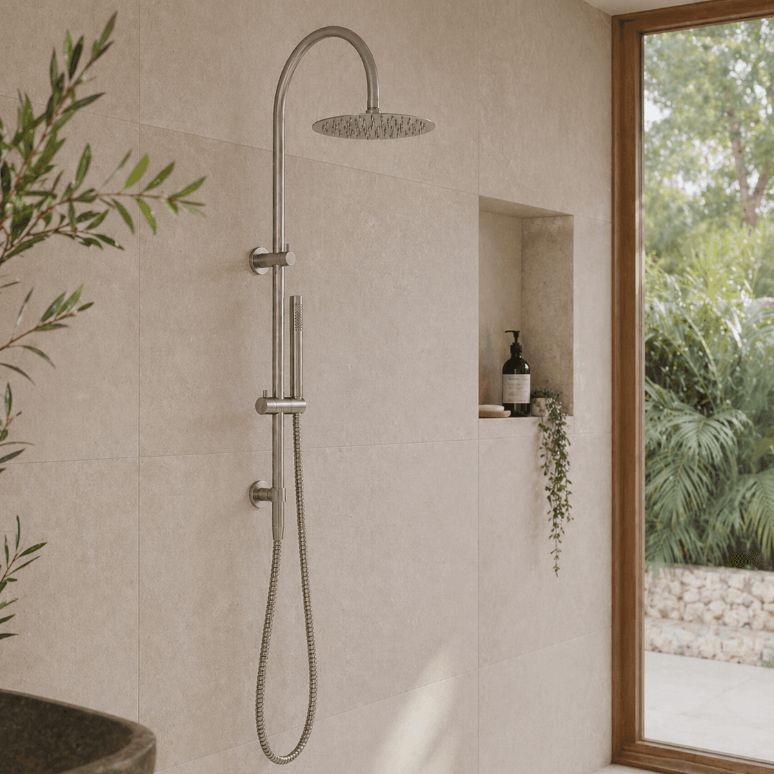 Brushed nickel shower combo with rainhead, slide rail, and flexible hose
