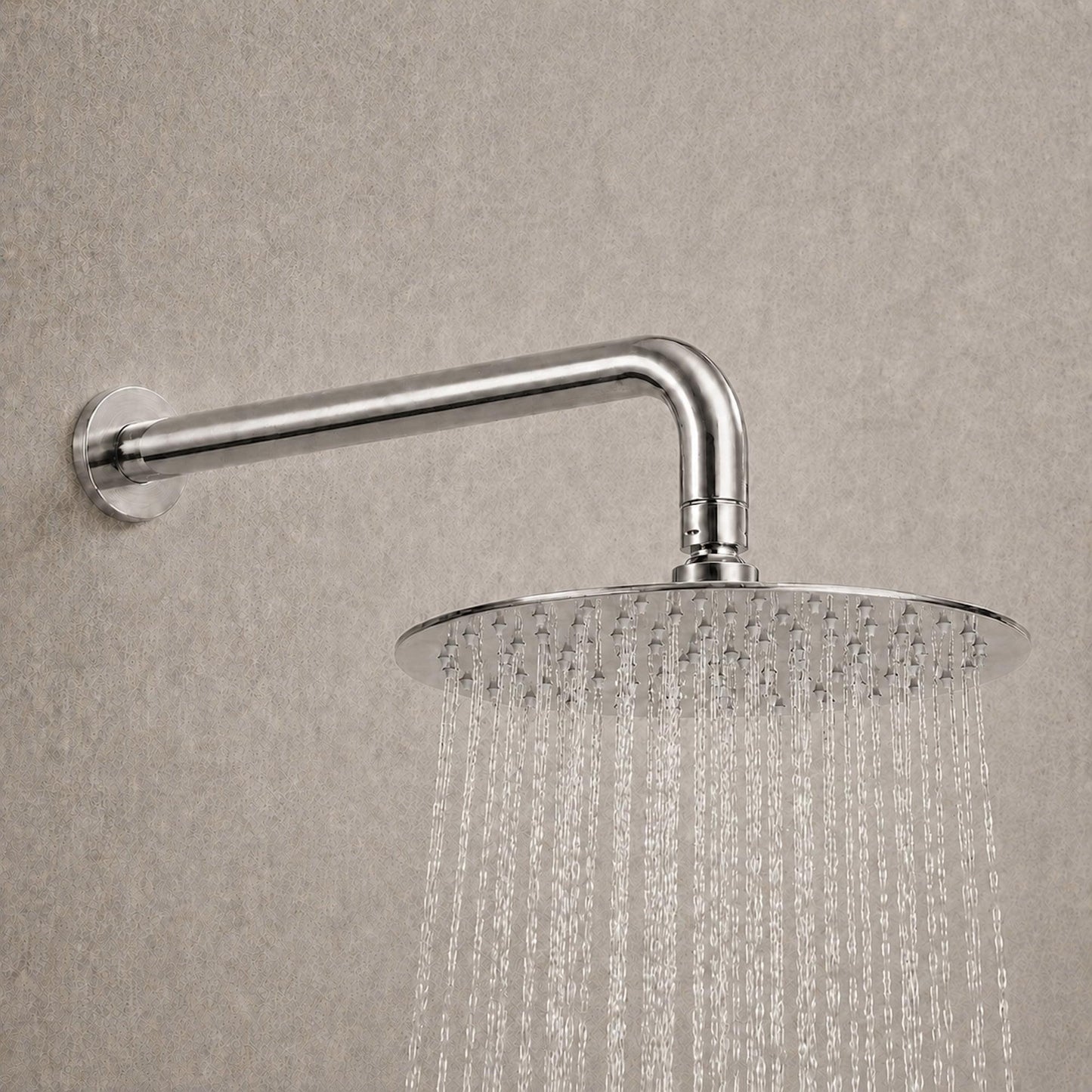 Brushed nickel rainfall shower head pouring streams from overhead face
