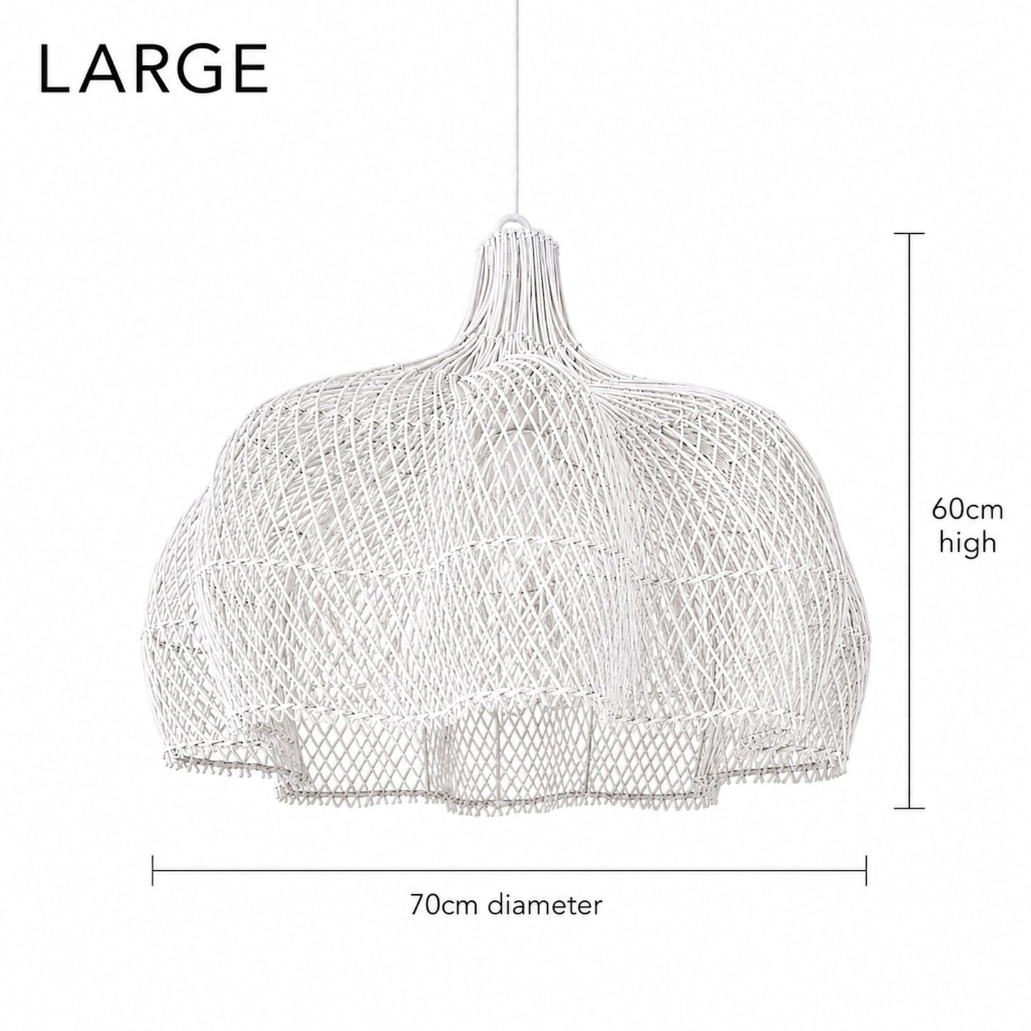 Large white rattan pendant light, bell shade with 70cm diameter and 60cm height