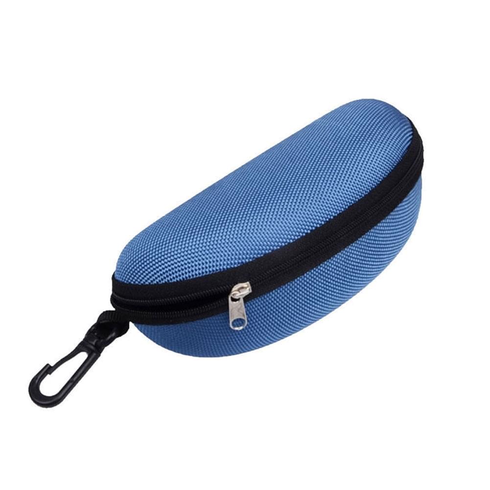 Sunglasses case, blue fabric shell with zip closure and carabiner clip.