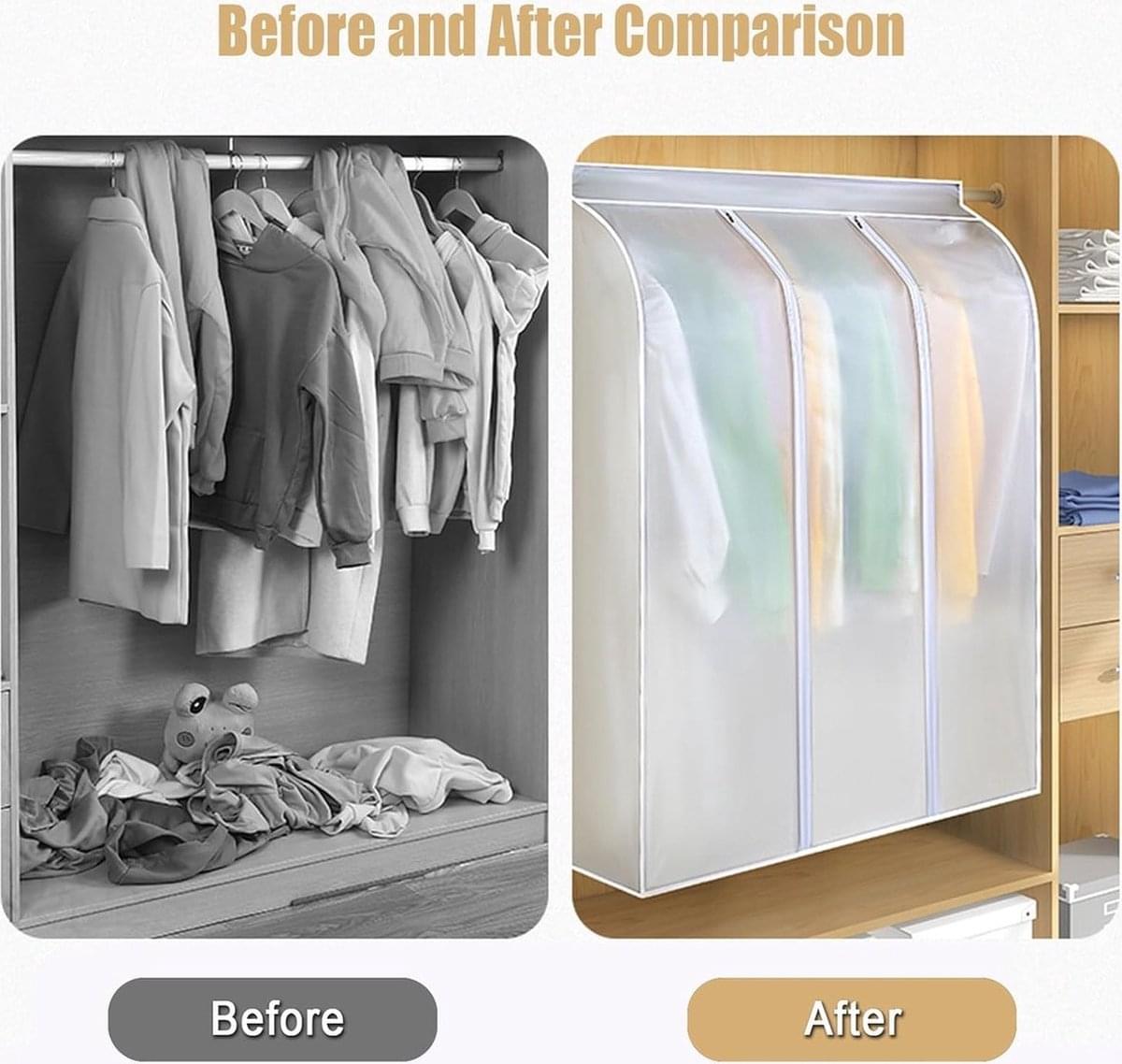 Garment cover storage bag with clear window, holding folded and hanging clothes