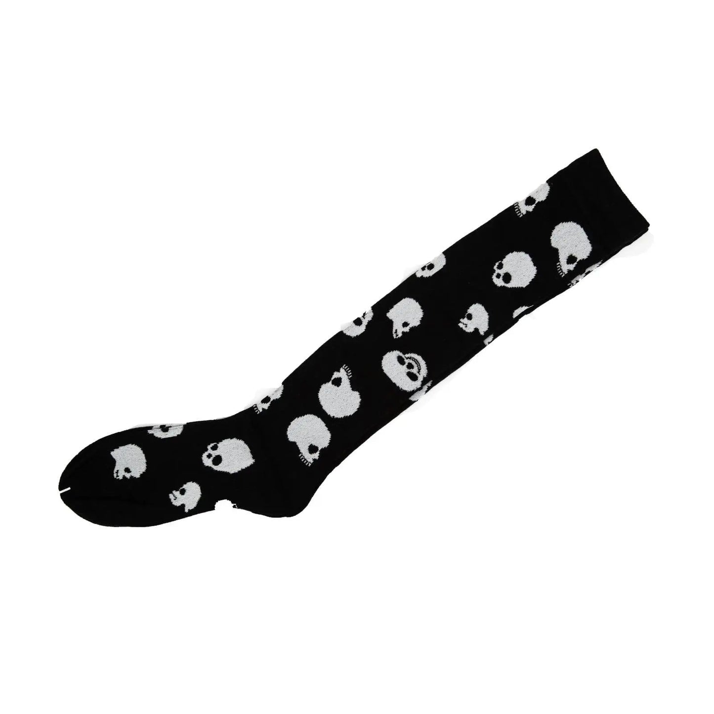 White Skull Black Knee High Socks