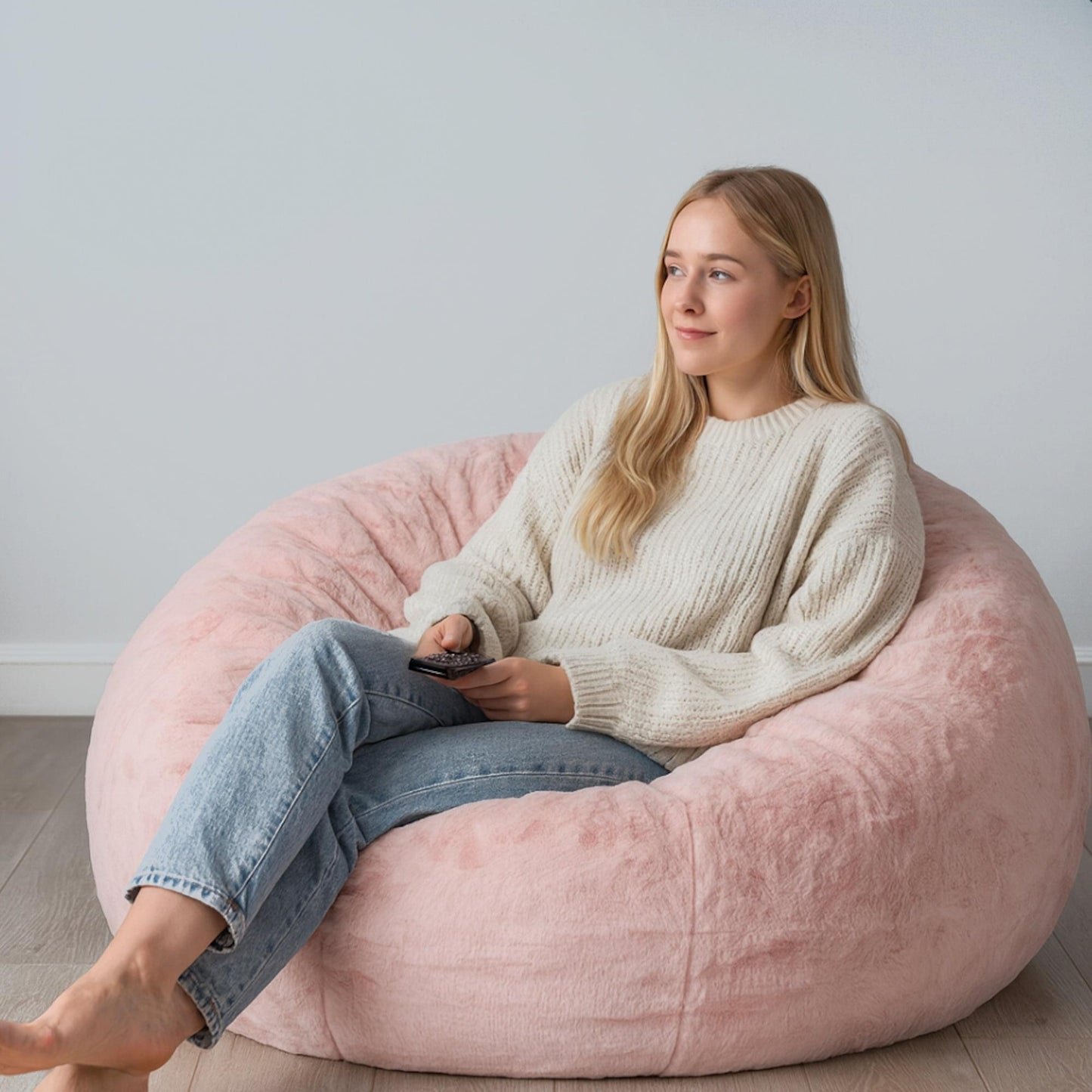 Soft pink plush cloud bean bag with visible seam lines, bean-shaped