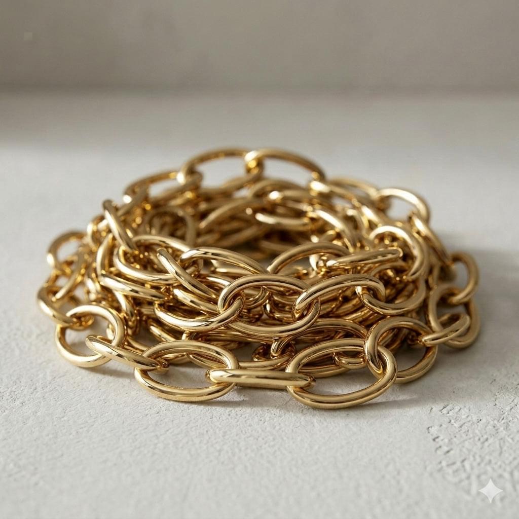 Polished gold chain extension with oval links, coiled
