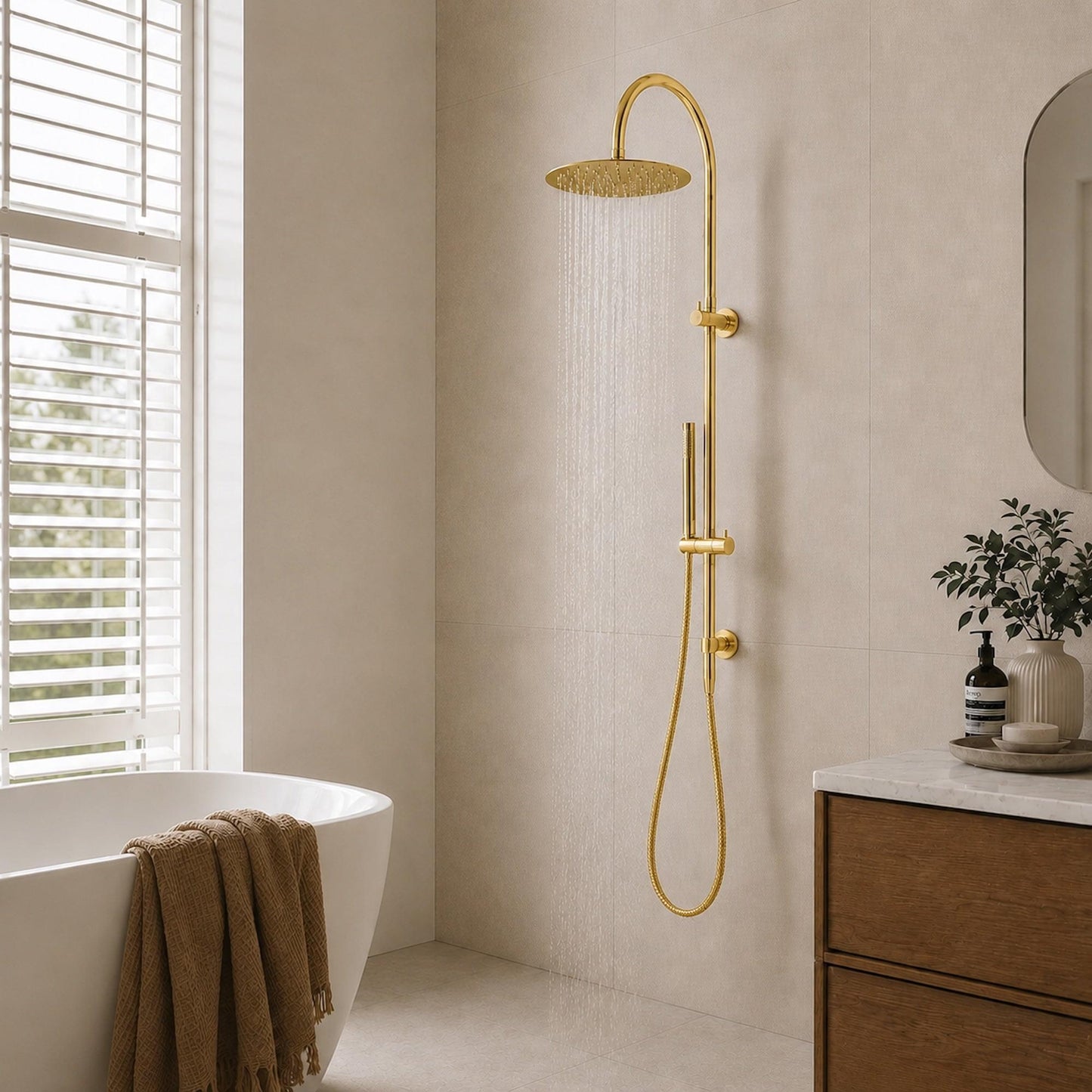 Polished gold overhead rain shower with handheld and hose, wall-mounted