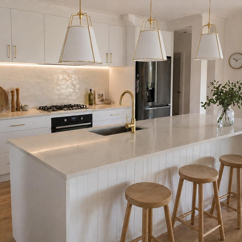 Polished gold kitchen mixer faucet on island countertop over large sink