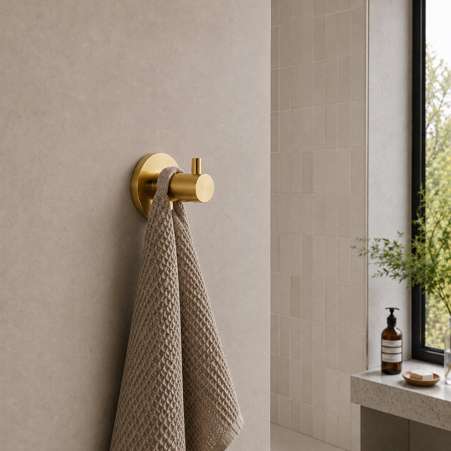 Polished gold wall robe hook holding a hanging textured towel