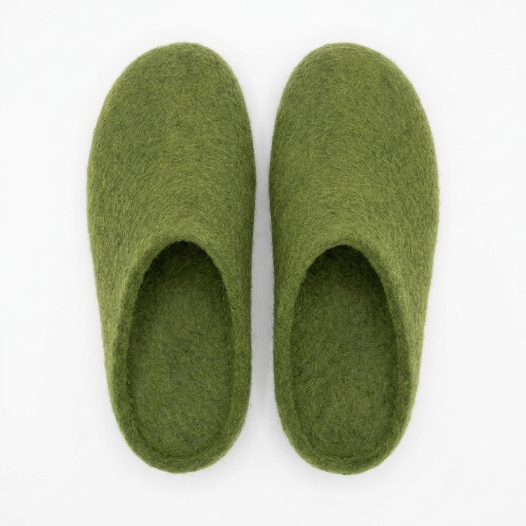 Wool Felt Slippers – Handmade 100% NZ Wool Unisex House Shoes | Green & Olive